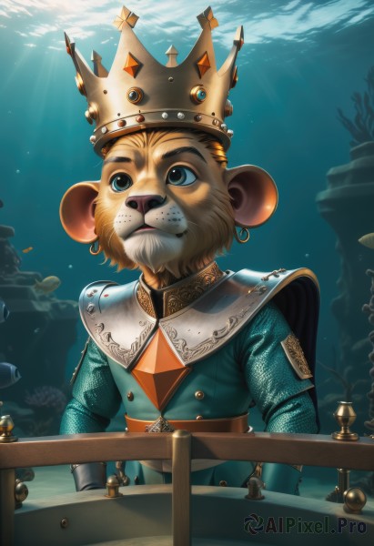 solo,blue eyes,blonde hair,1boy,animal ears,jewelry,green eyes,upper body,male focus,earrings,water,facial hair,animal,sunlight,crown,beard,furry,freckles,fish,bubble,light rays,underwater,mouse ears,railing,air bubble,furry male,coral,sky,day,no humans,fantasy,turtle,lion,aquarium