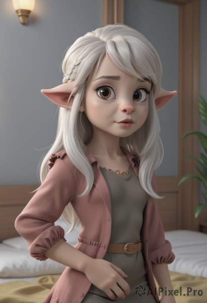 1girl,solo,long hair,breasts,looking at viewer,shirt,dress,brown eyes,collarbone,braid,white hair,grey hair,small breasts,parted lips,open clothes,pointy ears,belt,artist name,indoors,blurry,lips,pillow,bed,depth of field,blurry background,on bed,elf,freckles,lamp,blonde hair,jacket,brown belt