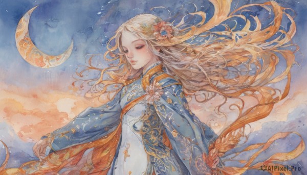 1girl,solo,long hair,blue eyes,blonde hair,hair ornament,long sleeves,dress,very long hair,closed mouth,closed eyes,upper body,flower,sky,hair flower,lips,eyelashes,night,floating hair,blue dress,traditional media,chinese clothes,floral print,moon,crescent,wind,puffy long sleeves,painting (medium),watercolor (medium),crescent moon,blush,ribbon,jewelry,cloud,wide sleeves,white dress,from side,wavy hair,looking down,tassel