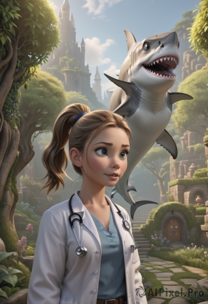 1girl,solo,long hair,smile,blue eyes,blonde hair,brown hair,shirt,upper body,ponytail,flower,outdoors,parted lips,sky,teeth,day,belt,cloud,tree,blue sky,lips,coat,blue shirt,plant,sharp teeth,building,realistic,nose,labcoat,castle,stethoscope,shark,doctor,breasts,blush,open mouth,long sleeves,collarbone,buttons,cloudy sky,grass,buckle,freckles,brown belt