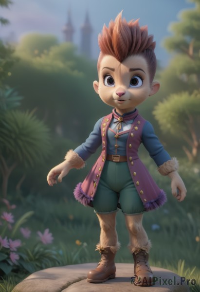 solo,looking at viewer,smile,short hair,brown hair,shirt,long sleeves,1boy,animal ears,brown eyes,standing,jacket,full body,flower,male focus,red hair,boots,outdoors,shorts,day,belt,artist name,blurry,vest,tree,fur trim,blurry background,brown footwear,grass,furry,furry female,furry male,male child,blue vest,body fur,green shorts,fur,animal nose,brown fur,tree stump,1girl,spiked hair,mohawk