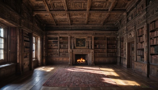 day,indoors,book,no humans,window,sunlight,fire,scenery,light rays,wooden floor,stairs,door,bookshelf,sunbeam,library,ladder,fireplace,chair,curtains,fantasy,carpet,rug