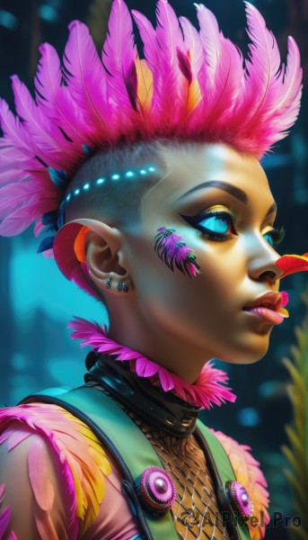 1girl,solo,short hair,blue eyes,hair ornament,jewelry,upper body,pink hair,flower,earrings,parted lips,dark skin,blurry,vest,from side,dark-skinned female,lips,eyelashes,profile,makeup,blurry background,glowing,piercing,feathers,lipstick,ear piercing,fishnets,portrait,glowing eyes,eyeshadow,nose,stud earrings,feather hair ornament,facepaint,looking afar,very short hair,undercut,mohawk,fishnet top,fishnet bodysuit,male focus,multicolored hair,pointy ears,artist name,gradient hair,leaf,watermark,colored sclera,mascara,feather trim