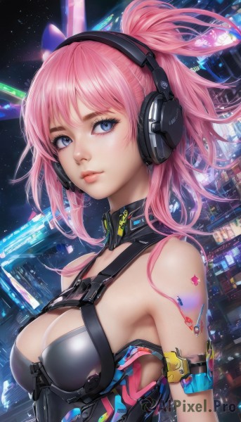 1girl,solo,long hair,breasts,looking at viewer,bangs,blue eyes,cleavage,bare shoulders,medium breasts,closed mouth,upper body,ponytail,pink hair,shiny,lips,eyelashes,tattoo,makeup,headphones,armlet,headset,science fiction,pink lips,nose,armpits,armor,star (sky),space