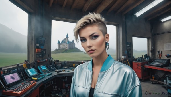 1girl,solo,breasts,looking at viewer,short hair,blue eyes,blonde hair,shirt,cleavage,brown eyes,jewelry,jacket,upper body,multicolored hair,earrings,parted lips,indoors,lips,grey eyes,window,makeup,building,eyeshadow,science fiction,realistic,eyeliner,computer,undercut,monitor,laptop,two-tone hair,eyelashes,piercing,robot,lipstick,scenery,asymmetrical hair,hoop earrings,labcoat,very short hair,mascara,cyberpunk,eyebrow cut