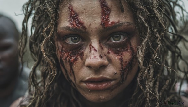 1girl,solo,long hair,looking at viewer,brown hair,brown eyes,closed mouth,solo focus,artist name,dark skin,blurry,lips,blood,depth of field,blurry background,portrait,close-up,blood on face,realistic,black hair,gloves,1boy,messy hair,dirty