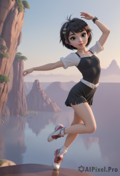 1girl,solo,breasts,looking at viewer,smile,short hair,bangs,skirt,shirt,black hair,hair ornament,dress,brown eyes,jewelry,standing,full body,white shirt,short sleeves,small breasts,outdoors,sky,shoes,day,socks,hairclip,belt,artist name,water,black eyes,black dress,arm up,bracelet,lips,see-through,watermark,short dress,leg up,white footwear,standing on one leg,white socks,sneakers,web address,mountain,nose,red lips,white belt,cliff,no humans,scenery,sunset