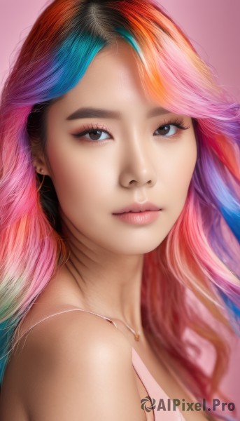 1girl,solo,long hair,breasts,looking at viewer,bangs,simple background,bare shoulders,brown eyes,jewelry,closed mouth,blue hair,upper body,pink hair,multicolored hair,earrings,necklace,black eyes,two-tone hair,lips,eyelashes,gradient hair,makeup,watermark,piercing,pink background,portrait,realistic,nose,rainbow hair