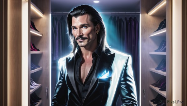 solo,looking at viewer,blue eyes,shirt,black hair,1boy,jewelry,jacket,upper body,male focus,earrings,collared shirt,indoors,black shirt,glowing,facial hair,formal,suit,curtains,beard,mustache,manly,chest hair,smile,lips,scar,realistic,door