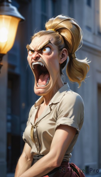 1girl,solo,breasts,open mouth,skirt,blonde hair,shirt,brown eyes,jewelry,school uniform,white shirt,upper body,ponytail,short sleeves,earrings,small breasts,outdoors,teeth,tongue,collared shirt,tongue out,blurry,orange eyes,blurry background,red skirt,angry,stud earrings,clothes around waist,lamppost,shouting,long hair,yellow eyes,parody,genderswap,genderswap (mtf),freckles