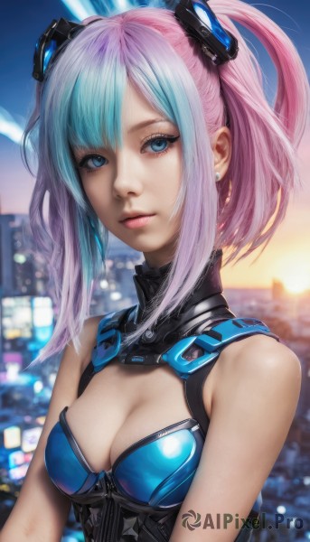 1girl,solo,breasts,looking at viewer,short hair,bangs,blue eyes,hair ornament,cleavage,bare shoulders,twintails,jewelry,medium breasts,closed mouth,blue hair,upper body,pink hair,multicolored hair,earrings,blurry,two-tone hair,lips,clothing cutout,eyelashes,aqua hair,makeup,blurry background,headgear,cleavage cutout,realistic,nose,stud earrings,sidelocks,outdoors,sky,artist name,armor,gradient hair,depth of field,expressionless,building,corset,science fiction,city,cityscape,city lights,boobplate