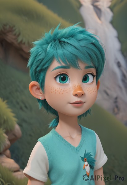 1girl,solo,looking at viewer,smile,short hair,bangs,shirt,jewelry,green eyes,blue hair,collarbone,white shirt,upper body,short sleeves,earrings,outdoors,parted lips,day,artist name,blurry,vest,aqua eyes,lips,aqua hair,depth of field,blurry background,bird,grass,child,freckles,sweater vest,realistic,nose,stud earrings,ponytail,green hair,signature,messy hair,web address,low ponytail,rock