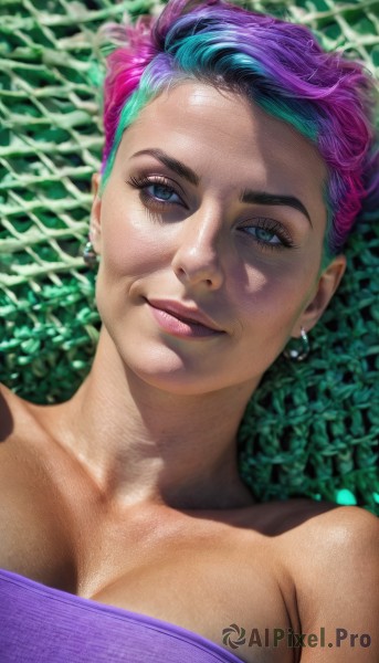 1girl,solo,breasts,smile,short hair,blue eyes,large breasts,cleavage,bare shoulders,jewelry,medium breasts,blue hair,collarbone,upper body,pink hair,purple hair,multicolored hair,earrings,lying,on back,two-tone hair,lips,looking to the side,eyelashes,strapless,makeup,piercing,strapless dress,realistic,nose,undercut,looking at viewer,closed mouth,parted lips,blurry,portrait,eyeshadow,mascara