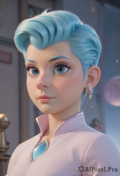 1girl,solo,looking at viewer,smile,short hair,blue eyes,shirt,jewelry,closed mouth,blue hair,white shirt,upper body,earrings,artist name,indoors,blurry,lips,eyelashes,makeup,blurry background,brooch,gem,portrait,freckles,realistic,nose,breasts,window,lipstick