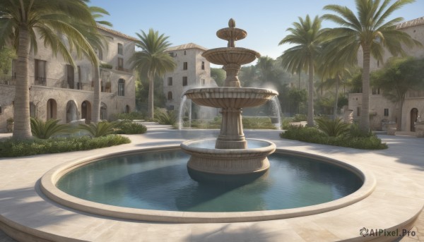 outdoors,sky,day,water,tree,blue sky,no humans,window,grass,plant,building,scenery,palm tree,pool,bush,fountain,cloud,shadow,sunlight,reflection,fantasy,bridge,pillar,statue,boat,arch