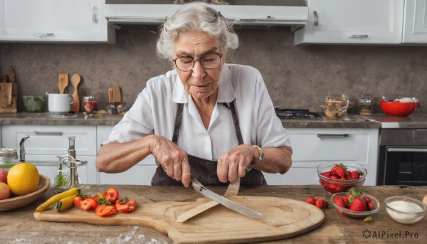 solo,smile,shirt,1boy,holding,closed mouth,closed eyes,white shirt,upper body,white hair,grey hair,male focus,food,glasses,collared shirt,indoors,apron,cup,dress shirt,fruit,facial hair,table,suspenders,bottle,knife,facing viewer,beard,plate,sleeves rolled up,drinking glass,black-framed eyewear,bowl,watch,realistic,strawberry,round eyewear,apple,basket,holding knife,wristwatch,bread,old,old man,kitchen,lemon,tomato,vegetable,arm hair,sink,old woman,wooden table,lettuce,kitchen knife,wrinkled skin,cutting board,short hair,mustache,carrot,cooking,banana,frying pan,cucumber,eggplant,potato,onion,radish,salad,pineapple