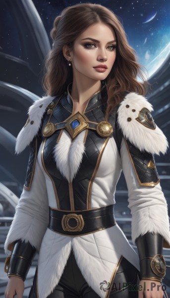 1girl,solo,long hair,breasts,looking at viewer,brown hair,long sleeves,brown eyes,jewelry,medium breasts,standing,cowboy shot,earrings,sky,belt,pants,artist name,medium hair,armor,lips,fur trim,makeup,wavy hair,black pants,moon,lipstick,star (sky),starry sky,nose,arms at sides,white coat,red lips,space,planet,earth (planet),parted lips,night,forehead,realistic,thick lips