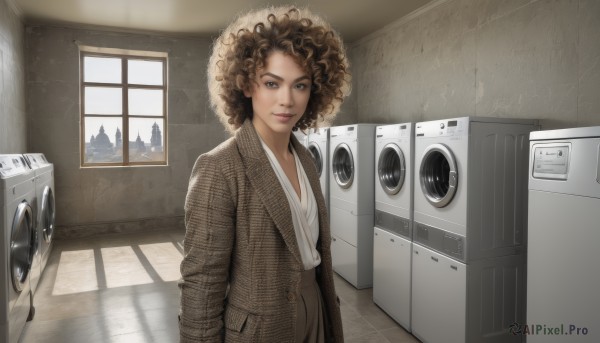 1girl,solo,looking at viewer,smile,short hair,brown hair,brown eyes,standing,jacket,upper body,indoors,lips,window,shadow,formal,suit,curly hair,realistic,nose,big hair,afro,washing machine,shirt,long sleeves,1boy,closed mouth,white shirt,male focus,striped,brown jacket