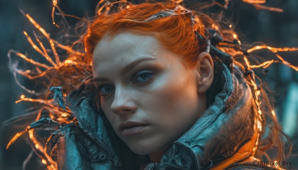 1girl,solo,long hair,looking at viewer,blue eyes,jacket,parted lips,teeth,orange hair,blurry,lips,blurry background,portrait,freckles,science fiction,realistic,nose,gloves,eyelashes,close-up