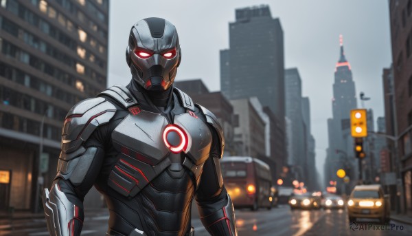 solo,looking at viewer,red eyes,1boy,upper body,male focus,outdoors,armor,blurry,mask,blurry background,glowing,ground vehicle,building,glowing eyes,motor vehicle,city,car,superhero,power armor,road,cityscape,neon trim,traffic light,tokusatsu