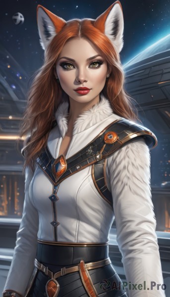 1girl,solo,long hair,breasts,looking at viewer,brown hair,shirt,long sleeves,animal ears,brown eyes,jewelry,yellow eyes,upper body,earrings,sky,belt,artist name,lips,fur trim,fox ears,makeup,night,moon,lipstick,star (sky),starry sky,freckles,red lips,space,closed mouth,white shirt,orange hair,armor,fox girl,forehead,realistic,planet