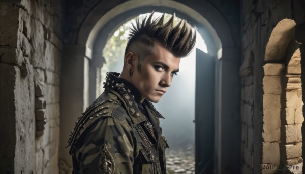 solo,looking at viewer,brown hair,black hair,1boy,brown eyes,jewelry,jacket,upper body,male focus,multicolored hair,earrings,dark skin,uniform,black eyes,from side,lips,military,spiked hair,realistic,leather,undercut,leather jacket,mohawk,church,arch,piercing,stud earrings,pillar,pompadour