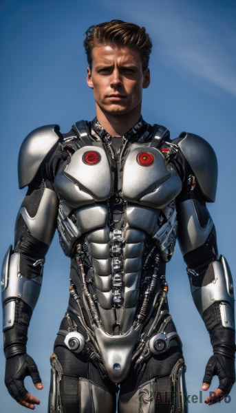 solo,looking at viewer,short hair,simple background,brown hair,gloves,1boy,standing,closed eyes,male focus,cowboy shot,fingerless gloves,armor,lips,bodysuit,muscular,blue background,abs,shoulder armor,science fiction,breastplate,realistic,closed mouth,black gloves,facial hair