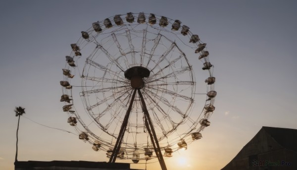 outdoors,sky,cloud,tree,blue sky,no humans,sunlight,building,scenery,sunset,sun,power lines,lamppost,utility pole,evening,gradient sky,orange sky,ferris wheel,from below,clock,tower,yellow sky