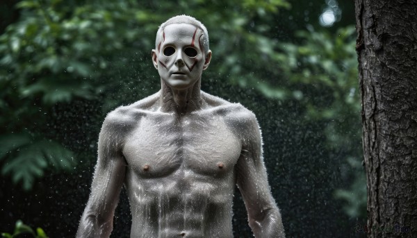 solo,looking at viewer,1boy,closed mouth,nipples,upper body,male focus,nude,outdoors,blurry,tree,wet,mask,muscular,blurry background,abs,pectorals,nature,forest,realistic,alien,white hair,topless male,bald,horror (theme)