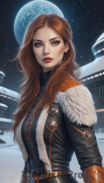 1girl,solo,long hair,breasts,looking at viewer,brown hair,brown eyes,green eyes,jacket,upper body,outdoors,sky,belt,lips,coat,fur trim,makeup,night,moon,star (sky),night sky,snow,full moon,starry sky,freckles,nose,leather,braid,artist name,mole,bodysuit,lipstick,realistic,red lips,space,planet