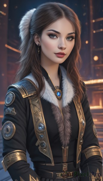 1girl,solo,long hair,looking at viewer,blue eyes,brown hair,hair ornament,long sleeves,jewelry,jacket,upper body,earrings,parted lips,belt,blurry,lips,black jacket,grey eyes,fur trim,eyelashes,makeup,blurry background,lipstick,brooch,gem,eyeshadow,half updo,fur collar,realistic,nose,red lips,eyeliner,smile,artist name,signature,necklace,forehead