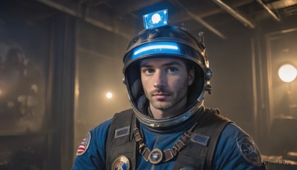 solo,looking at viewer,blue eyes,black hair,1boy,upper body,male focus,indoors,uniform,lips,facial hair,helmet,beard,realistic,stubble,police,police uniform,closed mouth,black eyes,vest,science fiction,spacesuit