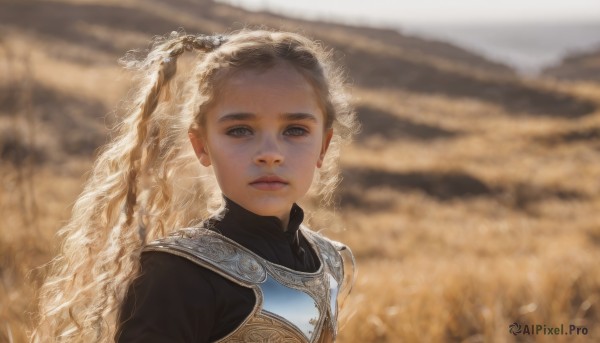 1girl,solo,long hair,looking at viewer,blonde hair,brown hair,brown eyes,jewelry,closed mouth,upper body,braid,earrings,outdoors,armor,blurry,lips,grey eyes,depth of field,blurry background,portrait,curly hair,breastplate,realistic,makeup,expressionless,sunlight,wheat