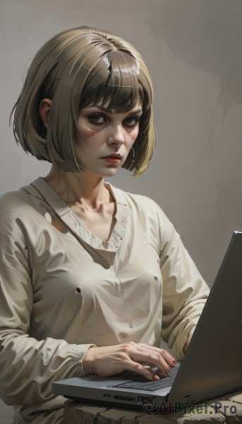 1girl,solo,breasts,looking at viewer,short hair,bangs,simple background,brown hair,shirt,long sleeves,brown eyes,sitting,collarbone,white shirt,upper body,small breasts,parted lips,grey background,nail polish,lips,fingernails,blood,makeup,bob cut,lipstick,blood on face,realistic,nose,red lips,computer,blood on clothes,laptop,closed mouth,black eyes,expressionless,red nails,injury,dirty