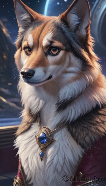 solo,looking at viewer,smile,brown eyes,jewelry,upper body,male focus,outdoors,sky,artist name,signature,necklace,blurry,no humans,night,animal,moon,brooch,gem,star (sky),night sky,furry,pendant,starry sky,dog,animal focus,realistic