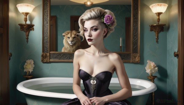 1girl,solo,breasts,looking at viewer,short hair,blue eyes,blonde hair,hair ornament,dress,cleavage,bare shoulders,jewelry,medium breasts,sitting,collarbone,flower,small breasts,indoors,hair flower,nail polish,black dress,lips,bare arms,eyelashes,strapless,makeup,shadow,rose,animal,ring,own hands together,lipstick,black nails,strapless dress,corset,pink flower,eyeshadow,mirror,red lips,eyeliner,candle,bathtub,painting (object),mascara,candlestand,purple eyes,earrings,hair bun,pale skin,realistic,candlelight