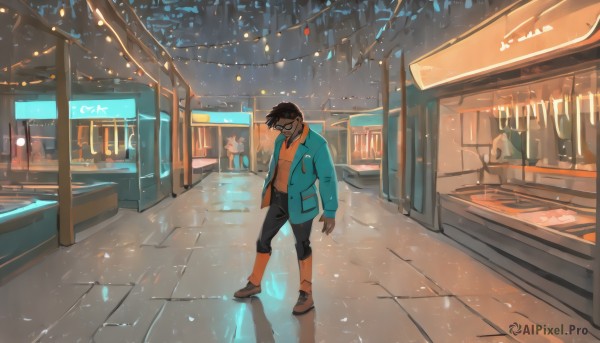 1girl,solo,looking at viewer,smile,short hair,bangs,brown hair,shirt,black hair,long sleeves,1boy,standing,jacket,outdoors,open clothes,shoes,glasses,socks,pants,open jacket,night,brown footwear,black pants,blue jacket,ground vehicle,building,scenery,reflection,city,wide shot,orange shirt,orange jacket,train,orange footwear,train station,male focus,mask