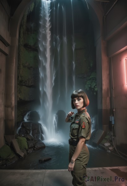 1girl,looking at viewer,short hair,brown hair,black hair,holding,brown eyes,jewelry,standing,weapon,boots,solo focus,belt,pants,water,uniform,bracelet,lips,gun,military,military uniform,bob cut,wading,science fiction,watch,realistic,wristwatch,ruins,waterfall,soldier,flashlight,solo,gloves,black eyes,tattoo,sleeves rolled up,pouch,jumpsuit,patch