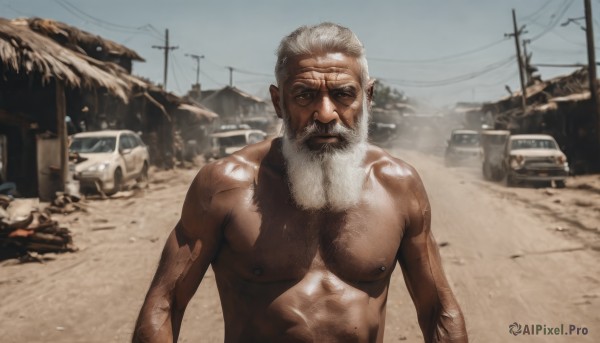 solo,looking at viewer,1boy,nipples,upper body,white hair,male focus,nude,outdoors,sky,day,blurry,tattoo,muscular,facial hair,scar,pectorals,muscular male,ground vehicle,motor vehicle,beard,topless male,mature male,realistic,mustache,car,road,manly,old,power lines,dirty,chest hair,old man,utility pole,photo background,wrinkled skin,blurry background,thick eyebrows,scar on face,snow,house,debris