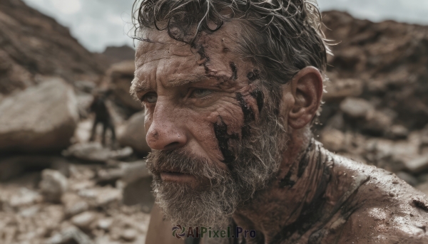 solo,looking at viewer,short hair,black hair,1boy,closed mouth,male focus,outdoors,blurry,black eyes,blurry background,facial hair,portrait,beard,rock,realistic,dirty,sky,day,grey eyes,depth of field,scar,messy hair,scar on face,mustache,scar across eye,manly