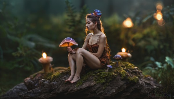 1girl,solo,long hair,breasts,brown hair,black hair,dress,holding,cleavage,bare shoulders,sitting,very long hair,closed mouth,collarbone,full body,closed eyes,multicolored hair,outdoors,barefoot,hair bun,nail polish,blurry,black dress,feet,tree,lips,bare arms,bare legs,toes,depth of field,blurry background,grass,pale skin,nature,forest,toenails,realistic,nose,spaghetti strap,mushroom,dirty,moss,dirty feet,hair ornament,jewelry,medium breasts,artist name,signature,double bun,profile,scenery,rock,bun cover,candle,stone