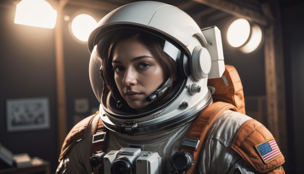 1girl,solo,looking at viewer,brown hair,brown eyes,closed mouth,upper body,indoors,blurry,lips,blurry background,backpack,helmet,science fiction,realistic,american flag,spacesuit,astronaut,short hair,thick eyebrows,portrait,nose,camera,space,spacecraft,japanese flag,space helmet