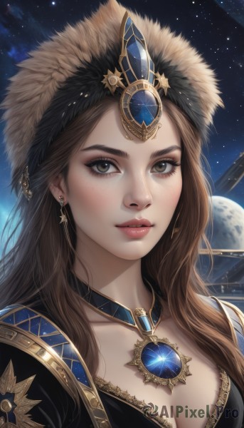 1girl,solo,long hair,breasts,looking at viewer,smile,brown hair,cleavage,brown eyes,jewelry,medium breasts,closed mouth,collarbone,upper body,earrings,sky,choker,artist name,signature,necklace,star (symbol),lips,eyelashes,makeup,night,gem,portrait,star (sky),night sky,starry sky,freckles,realistic,nose,headdress,space,planet,blue gemstone,parted lips,fur trim,moon,full moon