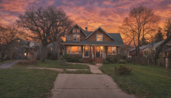 outdoors,sky,cloud,tree,no humans,window,cloudy sky,grass,building,scenery,sunset,fence,door,road,house,lamppost,bare tree,twilight,evening,gradient sky,orange sky,path,bush