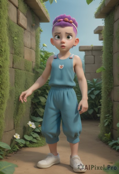 1girl,solo,looking at viewer,short hair,shirt,hair ornament,jewelry,green eyes,standing,full body,purple hair,flower,earrings,outdoors,parted lips,shoes,sleeveless,day,pants,leaf,white footwear,tank top,blue shirt,plant,white flower,sneakers,child,blue pants,female child,male child,brick wall,brown eyes,sky,lips,aged down,badge