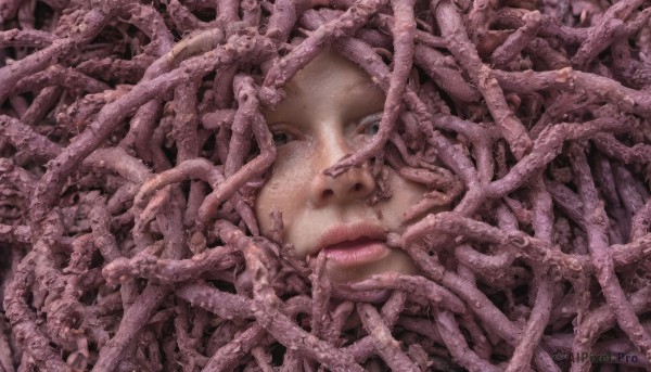 1girl,solo,looking at viewer,blue eyes,closed mouth,green eyes,lips,no humans,portrait,tentacles,realistic,too many,pink hair,close-up,alien