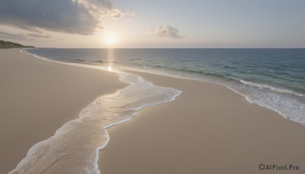 outdoors,sky,cloud,water,tree,no humans,ocean,beach,sunlight,cloudy sky,scenery,sunset,sand,sun,horizon,waves,shore,day