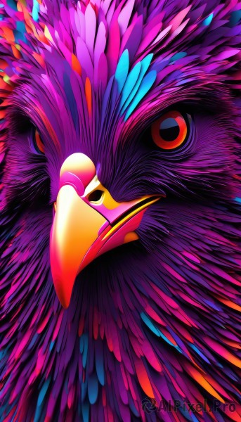 solo,looking at viewer,red eyes,black eyes,no humans,bird,animal,feathers,animal focus,colorful,beak,open mouth,pokemon (creature),glowing