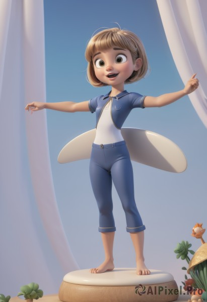 1girl,solo,looking at viewer,smile,short hair,open mouth,bangs,brown hair,shirt,brown eyes,standing,jacket,full body,white shirt,short sleeves,wings,barefoot,pants,outstretched arms,denim,curtains,child,minigirl,jeans,blue pants,female child,mushroom,balancing,hair ornament,flat chest,pointing