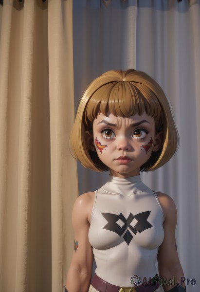 1girl,solo,breasts,looking at viewer,short hair,bangs,blonde hair,brown hair,shirt,bare shoulders,brown eyes,medium breasts,closed mouth,upper body,small breasts,sleeveless,belt,lips,sleeveless shirt,tattoo,turtleneck,facial mark,bob cut,curtains,nose,facial tattoo,facepaint